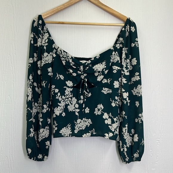 Abercrombie & Fitch - Cinched Dark Green And White Floral Long Sleeve Blouse Med - Picture 7 of 12